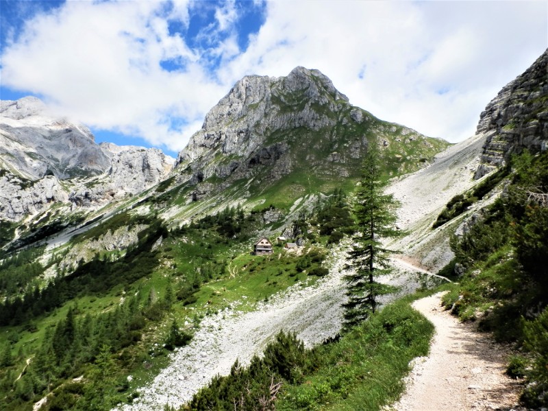 Een wandelpad leidt omhoog in de Julische Alpen.