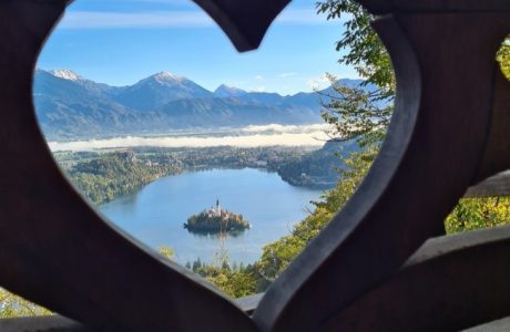 bankje met uizicht op Bled meer in hartvorm