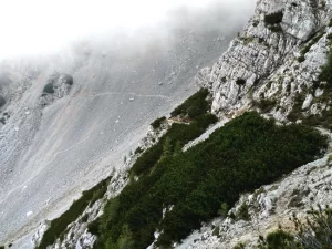 Een steile rotstachtige bergwand in de Karawanken met een wandelpad.