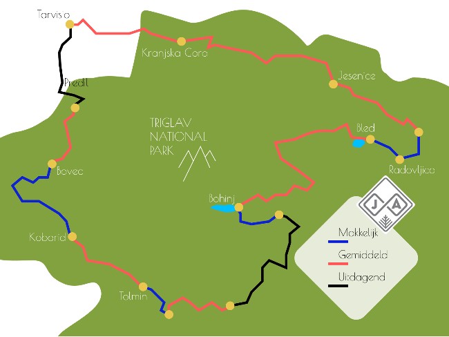 De etappes van de Juliana Trail wandelroute in Slovenië.