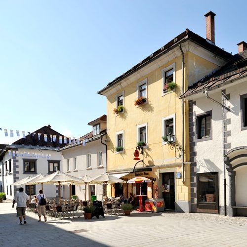 Radovljica oude centrum in Juliaanse Alpen in Slovenië